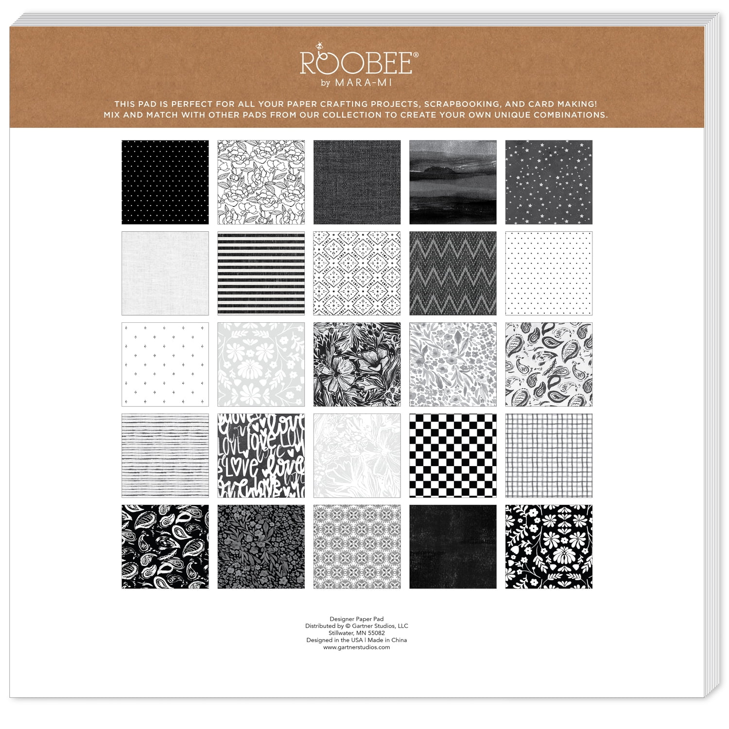 Roobee by Mara Mi Black and White Printed Scrapbook Paper, 50 Sheets, 25 Designs