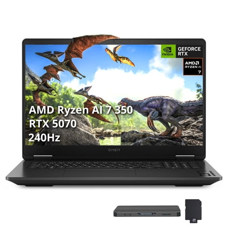 HP Omen 17.3" QHD 240Hz Gaming Laptop, AMD Ryzen AI 7 350, 16GB DDR5, 2TB Storage(1TB SSD+1TB Docking Station Set), GeForce RTX 5070, Backlit Keyboard, Numeric Keypad, Win 11 Pro, Black