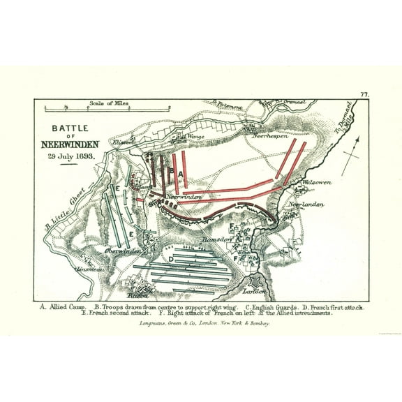 Historic War Map - Neerwinden Belgium 1693 Battle - Gardiner 1902 - Vintage Wall Art