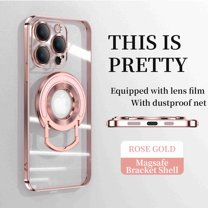 Dteck for iPhone 16 Pro Magnetic Clear Case,Compatible with MagSafe Ring Bracket Invisible Stand Folding Holder Crystal Transparent Plating Magnetic for Car Mount Holder Cover,Rosegold