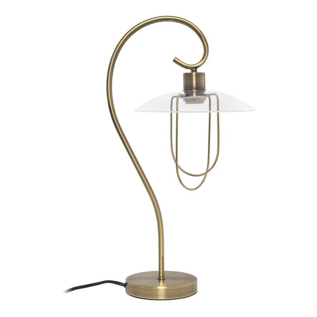 Simple Designs Modern Table Lamp with Curved Metal Base and Clear Glass Shade - Antique Brass