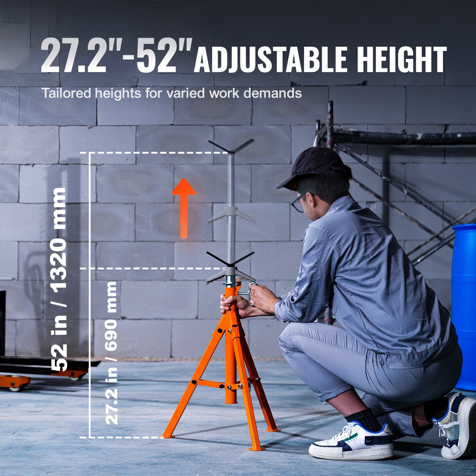Heavy Duty 2500LBS Capacity Pipe Jack Stand Adjustable Height 27.2 to 52 Inches V Head Design 45 Steel Folding Support for 1/2 to 12 Inch Pipes
