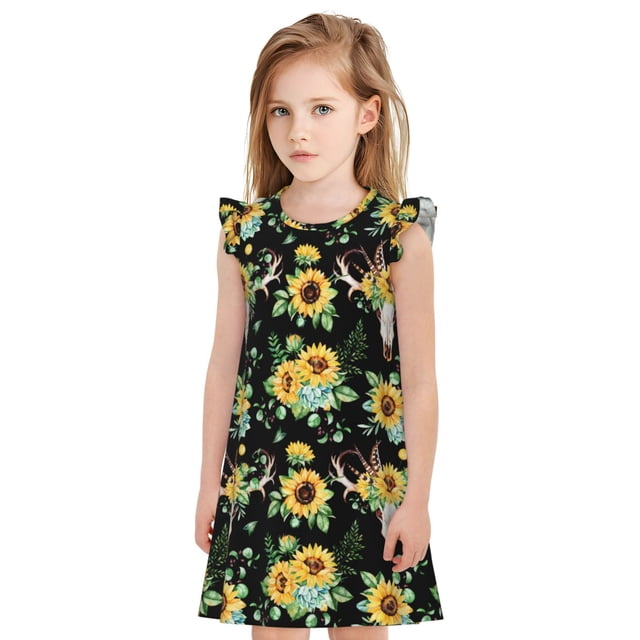 Balery Sunflower Skull Boho Camisón de princesa para niñas, pijama de algodón con mangas abullonadas, suave y bonito.-XX-Large