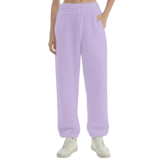Pisexur Pantalon Femme Doux en Peluche Moelleux Chaud Pantalon de Pyjama à Cordon Taille Haute pour Femme Hiver Chaud Bas Resserré Vêtements de Nuit avec Poches P-2TG Violet