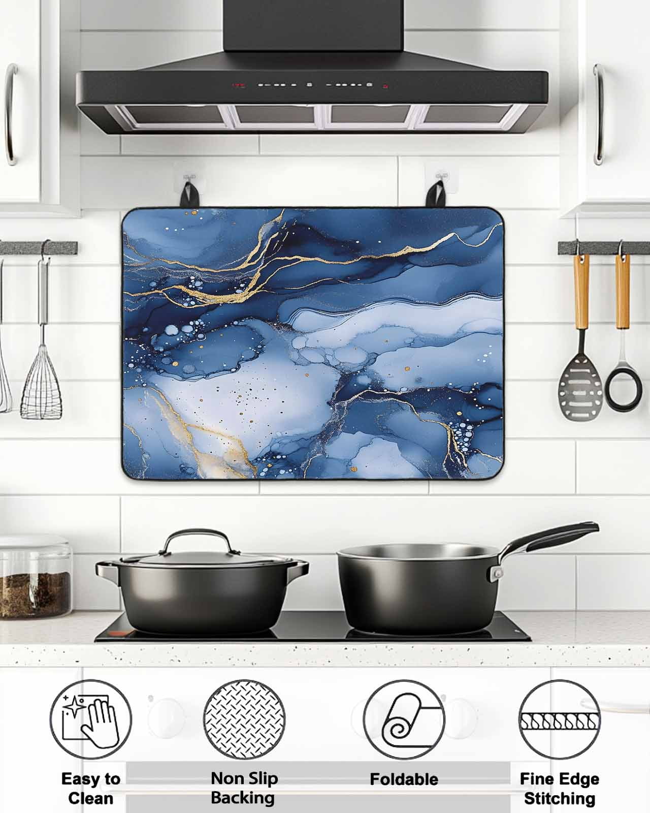 Stove Top Covers for Electric Stove, Marble Blue Glass Stovetop Cover Protector, Modern Gradient Gold Waves Nature Cracked Induction Cooktop Protector Oven Mat for Kitchen Countertop 24"x21"