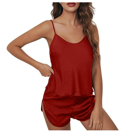 FAIWAD Womens Solid Color Pajama 2 Piece Sets Loungewear Soft Strap Tops with Pants Set (XX-Large Red)
