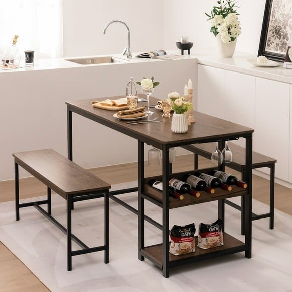 Gymax 3PCS Rustic Kitchen Dining Set Includes Storage Rack w/ Rectangular Table & 2 Benches