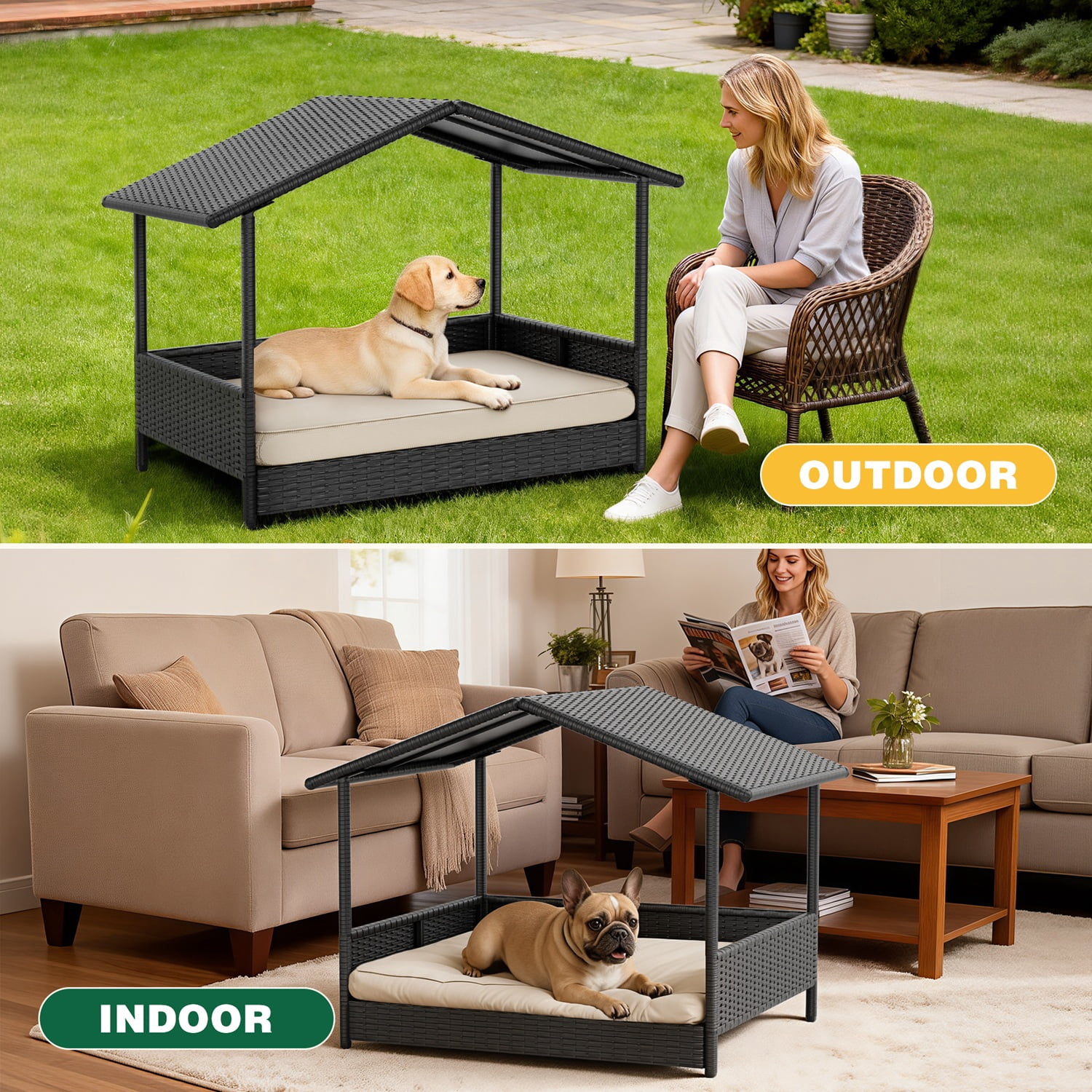 Homall Outdoor & Indoor Rattan Dog Shelter with Removable Cushion, Dog House, Dog Bed with Canopy for Small/Medium Dogs, Black