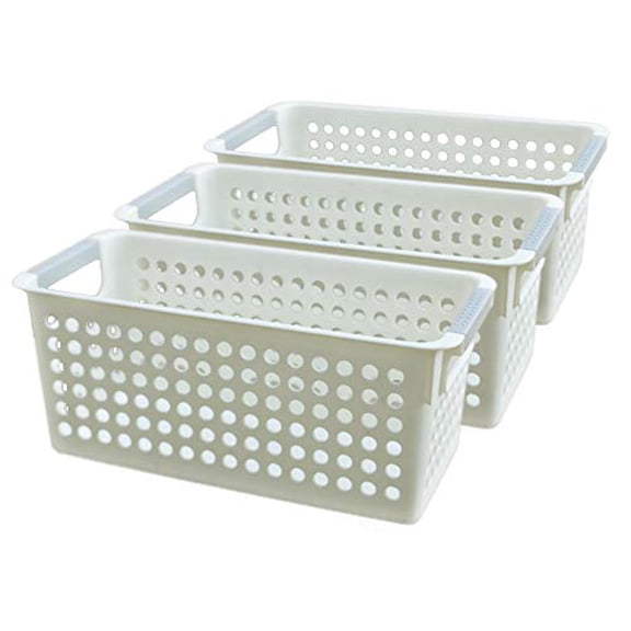 White Rectangular Plastic Shelf Organizer Basket with Handles (Set of 3)