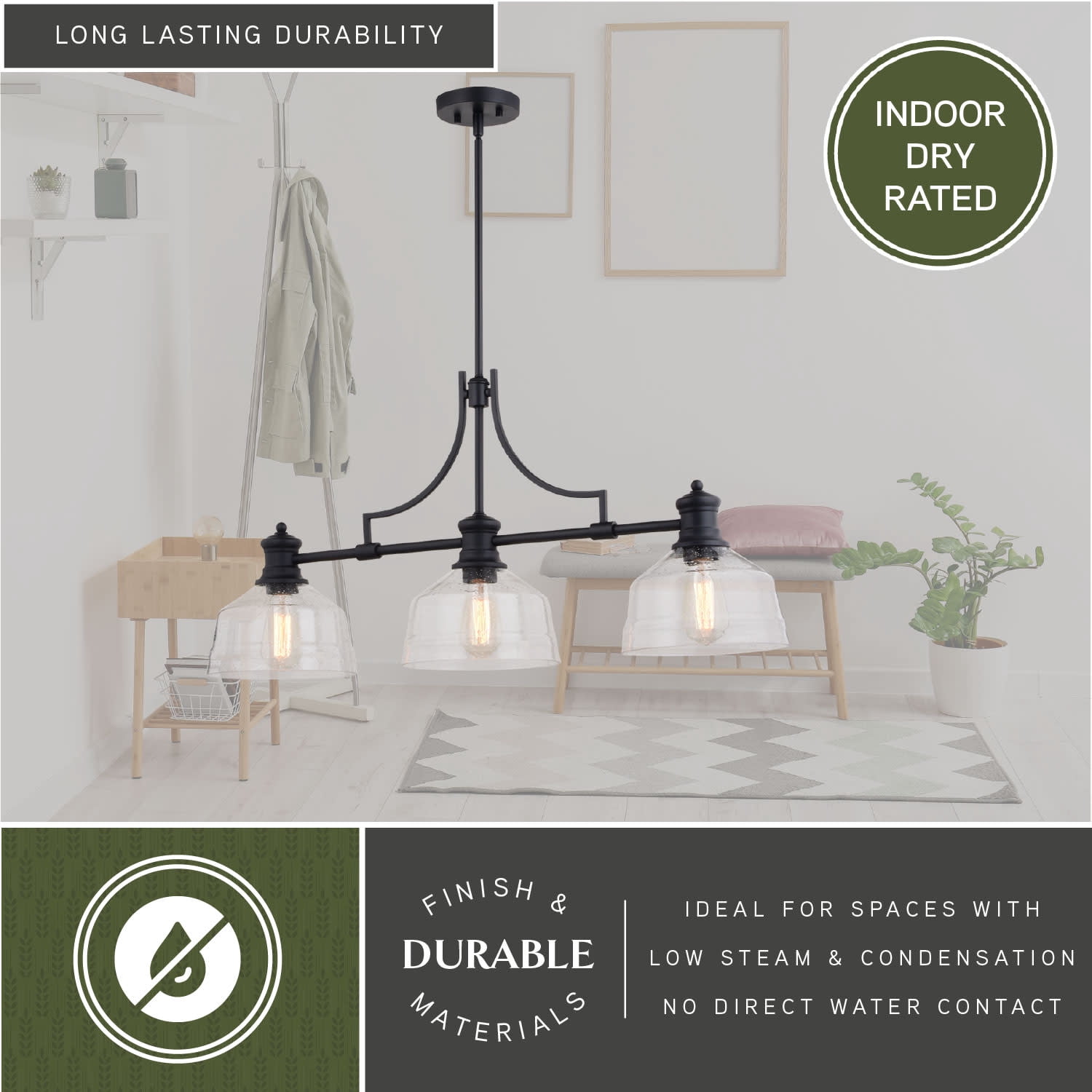 Beloit 3L LED Compatible Black Farmhouse Linear Chandelier Island Pendant Light Fixture Clear Glass