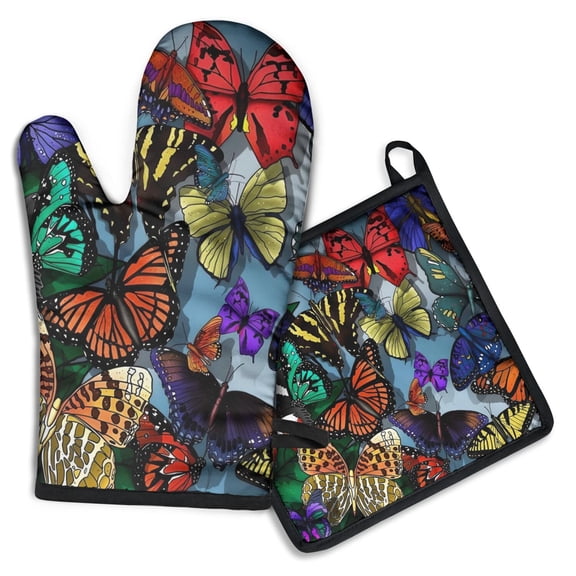 Multicolor Butterfly Group Pattern Kitchen Oven Mitt and Pot Holder Sets 2 Pcs for Baking, Cooking and Grilling, Heat Resistant Up To 392 °F