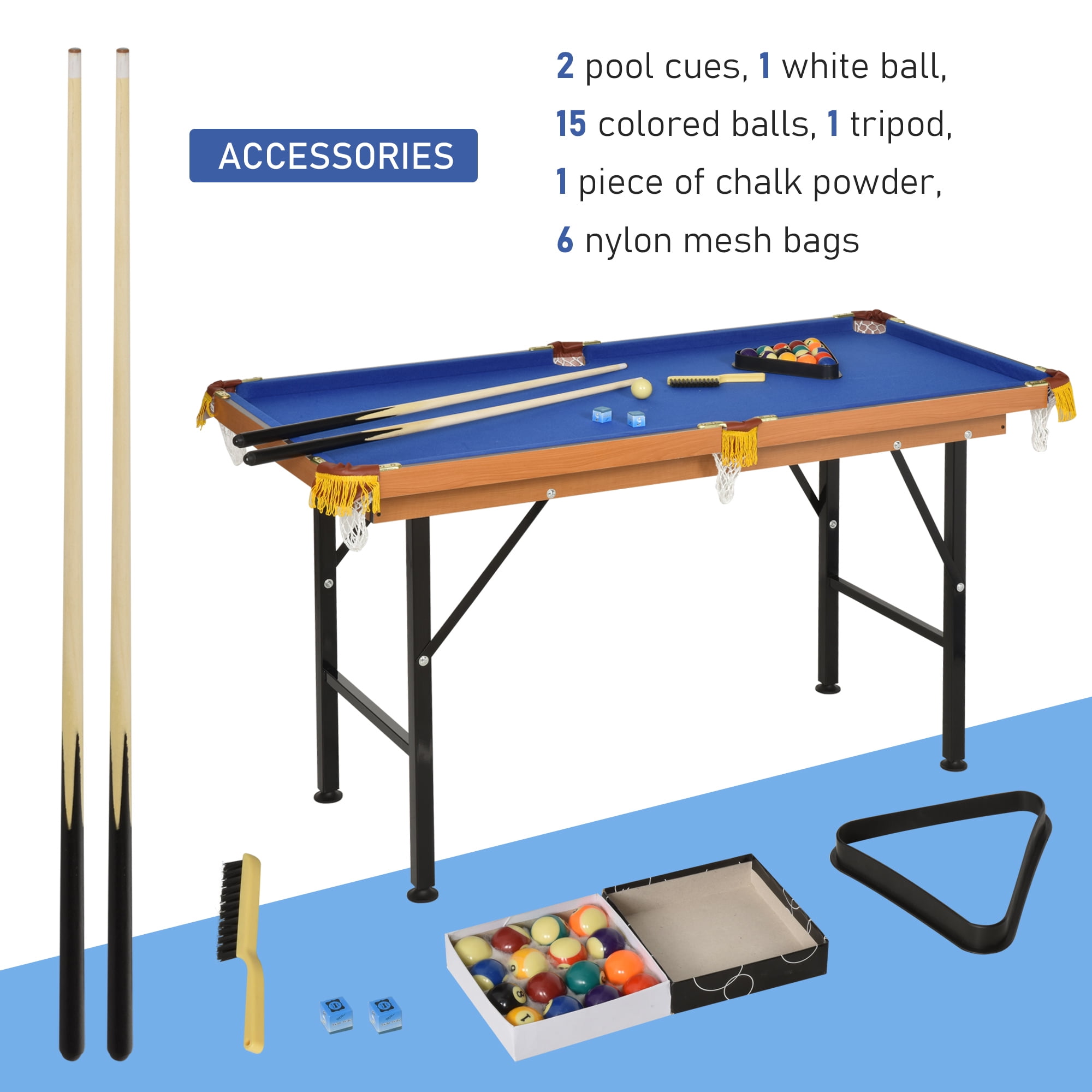 Soozier 55'' Portable Folding Billiards Table Game Pool Table for Kids Adults With Cues, Ball, Rack, Brush, Chalk, Blue