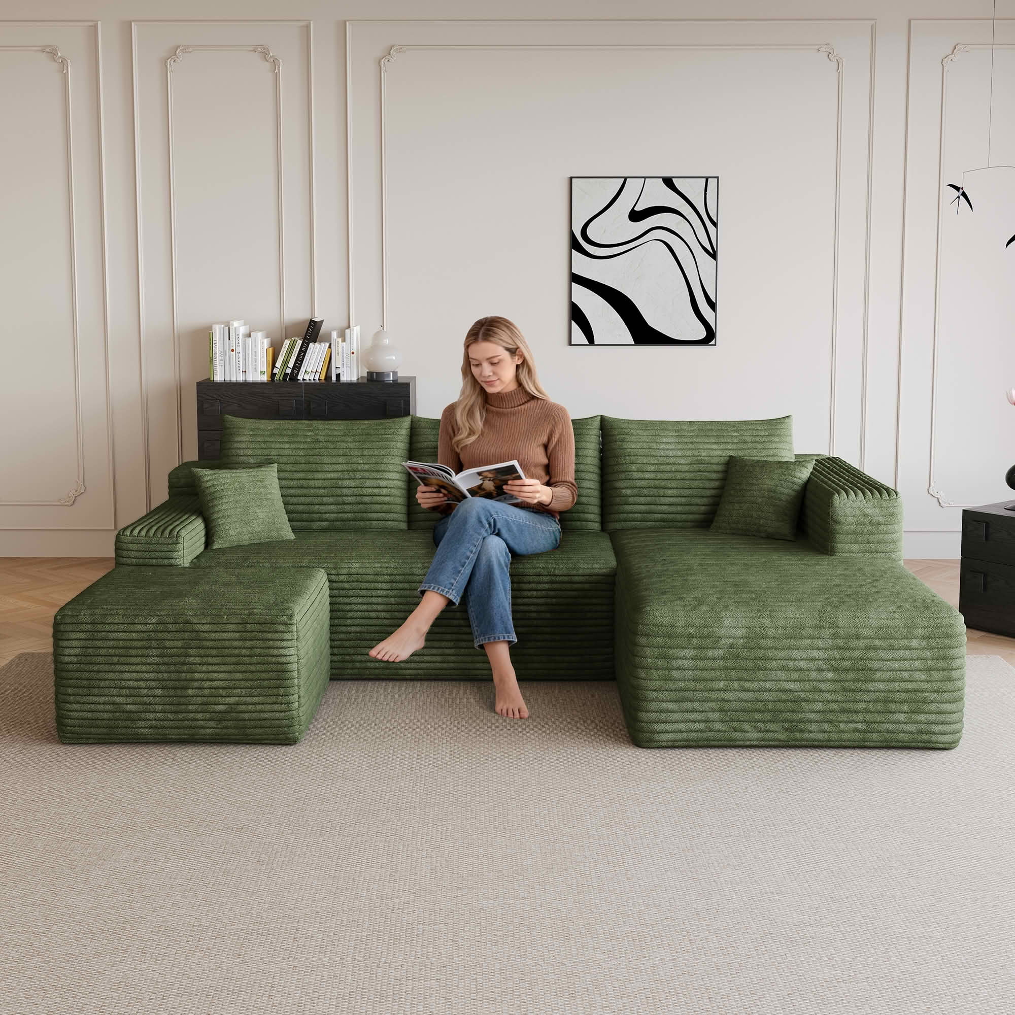 MAYEERTY 95 Inch Cloud U Shaped Sectional Sofa with 1 Ottoman, Plush Corduroy Deep Seat Corner Couch, No Assembly Minimalist Sofa for Living Room Apartment
