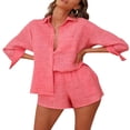 thumbnail image 1 of Femmes 2Piece Casual Outfit Set Coton Lin Bouton Chemise Taille Haute Mini Shorts Set Loungewear, 1 of 5