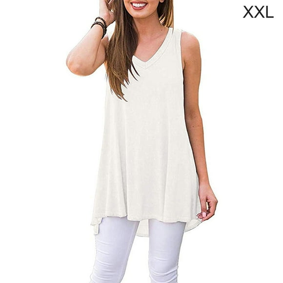 Women T-Shirt Sleeveless Tank Top V Women Solid Color Neck Blouse Solid Color Vest, White, XXL