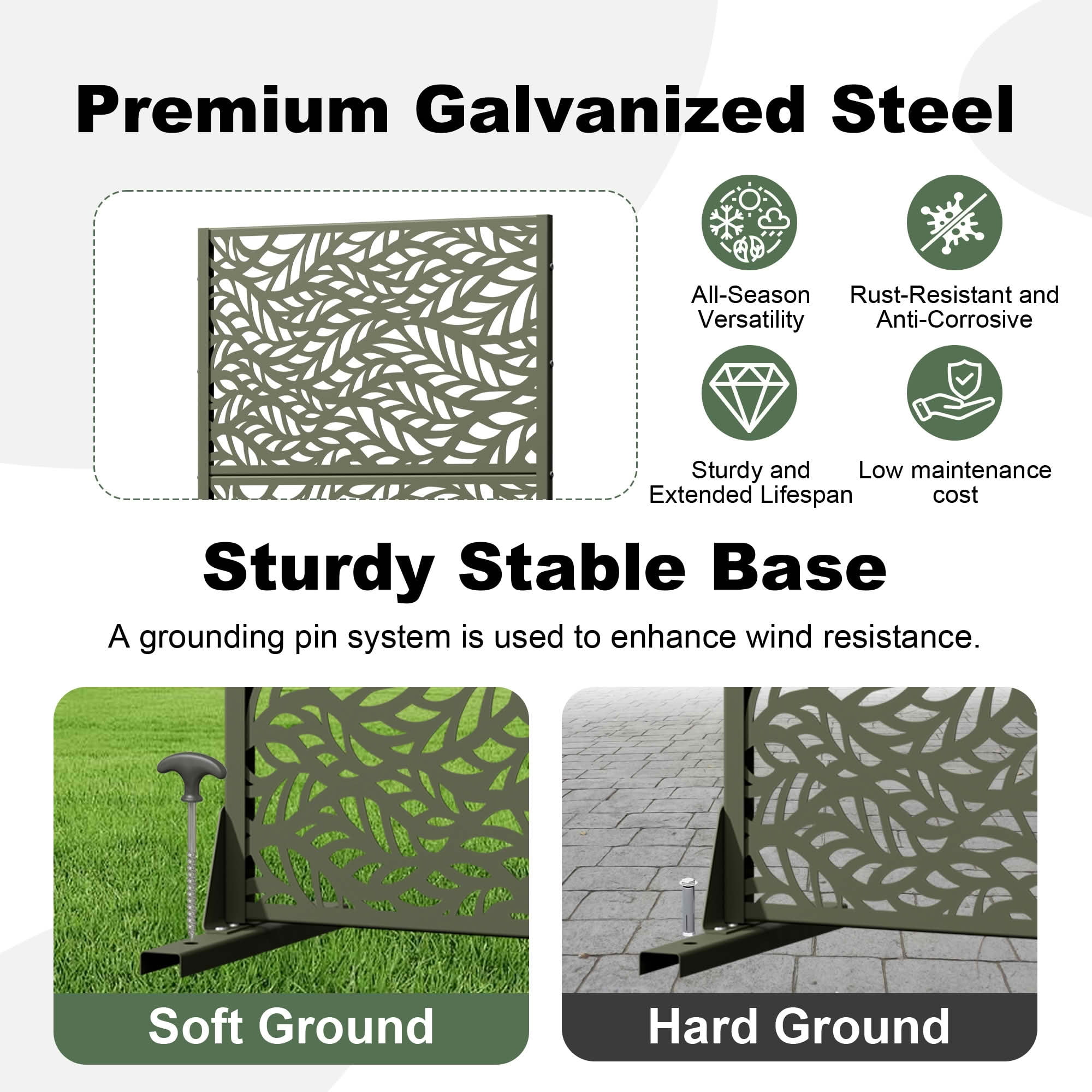 MAYEERTY Olive Grey Rectangular Galvanized Metal Privacy Screen, Outdoor Garden Patio, 59×30×16in, 3 Panels