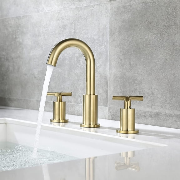 Brushed Gold 8 Inches Widespread Bathroom Faucet, 2 Handle Brass Bathroom Faucet 3 Hole for Sink with Valve and Pop Up Drain Assembly by , CH2133BG