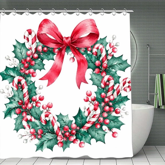 Candy Cane Wreath Print Shower Curtain,Cloth Fabric Waterproof Polyester Bathroom Home Decor Set with Hooks 70.8×70.8Inch