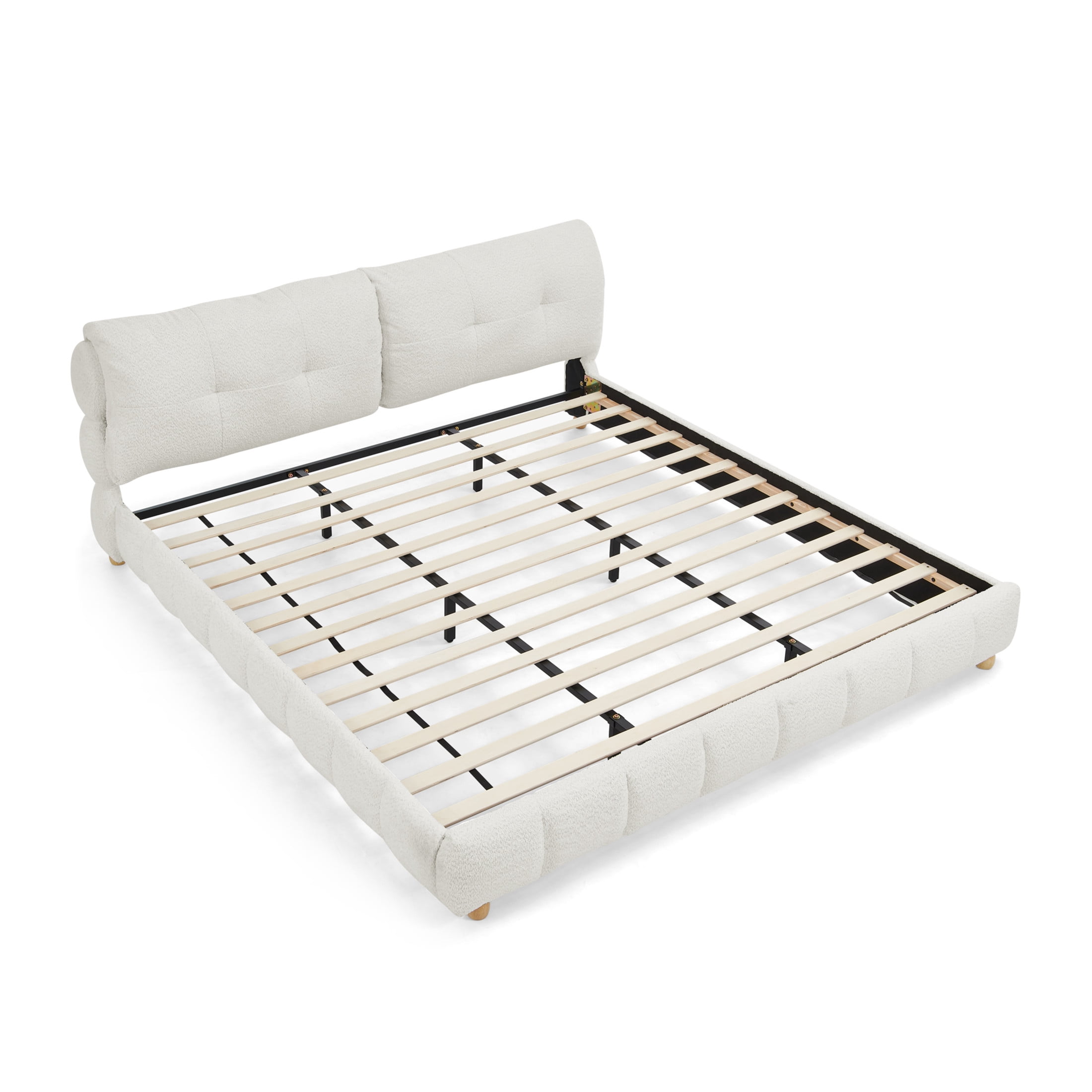 Noble House Renton King Size Platform Bed Frame, Cloud Bouclé Upholstered Bed with Solid Wood Legs, Beige