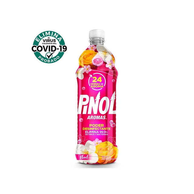pack de 12 limpiador liquido pinol aromas floral de 828ml Vista frontal de una botella individual con etiqueta fucsia y motivos florales, texto grande 'PINOL AROMAS', sello '24 horas de aroma' y leyenda que indica eliminación del 99.9% de virus y bacterias; envase PET transparente con tapa blanca. Limpiador desinfectante multiusos para pisos, baños, cocina y muebles; también suele usarse para aromatizar pequeños armarios o despensas.