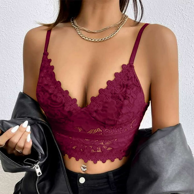 BIZIZA Womens Bra Bralette Sexy Lace Crop Top Plus Size V Neck Deep Red  Large
