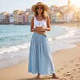 thumbnail image 4 of Womens Linen Maxi Skirts Summer Boho Solid Beach Elastic High Waist Pleated A-Line Flowy Swing Long Maxi Skirts, 4 of 7