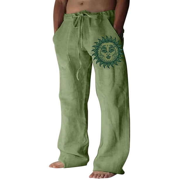 Pantalones casuales de lino para hombre, estampado de mariposas y pájaros, talla grande, sueltos, ligeros, elásticos, con cordón, para exteriores, playa, yoga 018-Verde 2XL 018-Verde 2XL Xishao ropa
