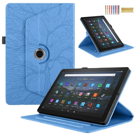 ELEHOLD Folio Flip Case for Amazon Kindle Fire HD 8/8 Plus (2016/2017/2018)8th/7th/6th Gen,Embossed PU Leather 360 Degree Rotatable Kickstand Smart Case Shockproof Protective Cover - Blue