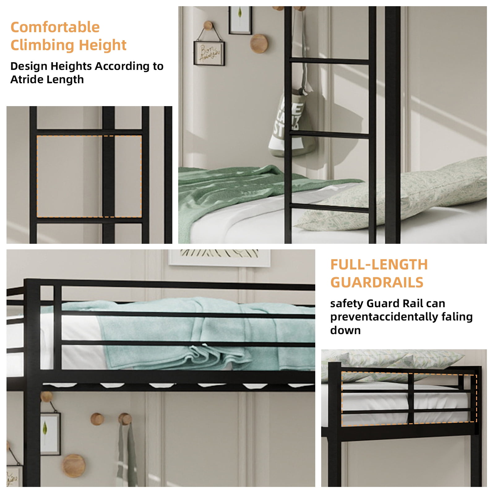 Bunk Bed with Trundle, Full Over Full Bunk Bed - Square Tube Iron Frame with Safety Rails and Rolling Trundle, Multi-Level Sleeping System for Family or Dorm, Easy Assembly, Black
