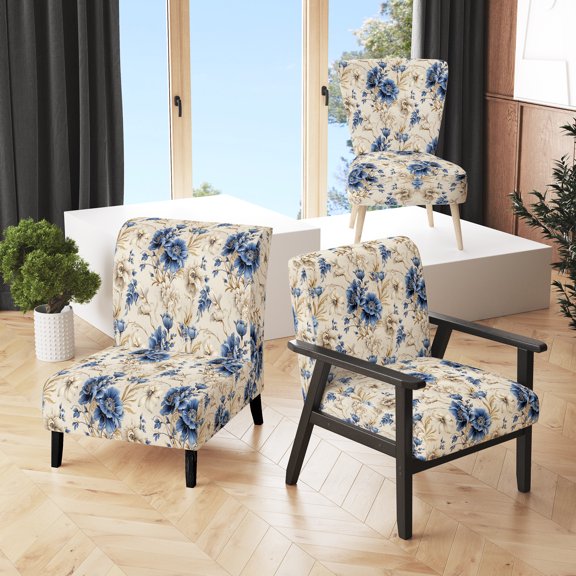 Designart "Delightful Cobalt Cameos" Blue Floral Upholstered Accent Chair - Cottage Arm Chair For Living Room