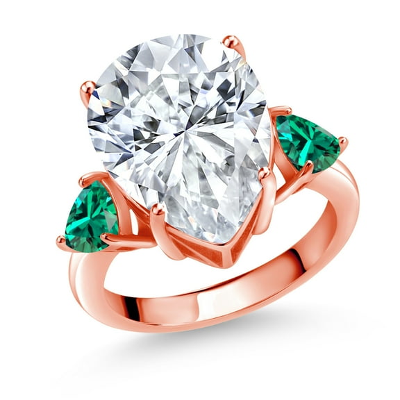 Gem Stone King 18K Rose Gold Plated Silver Green Nano Emerald Ring Set with Moissanite (10.11 Cttw) (Size 7)