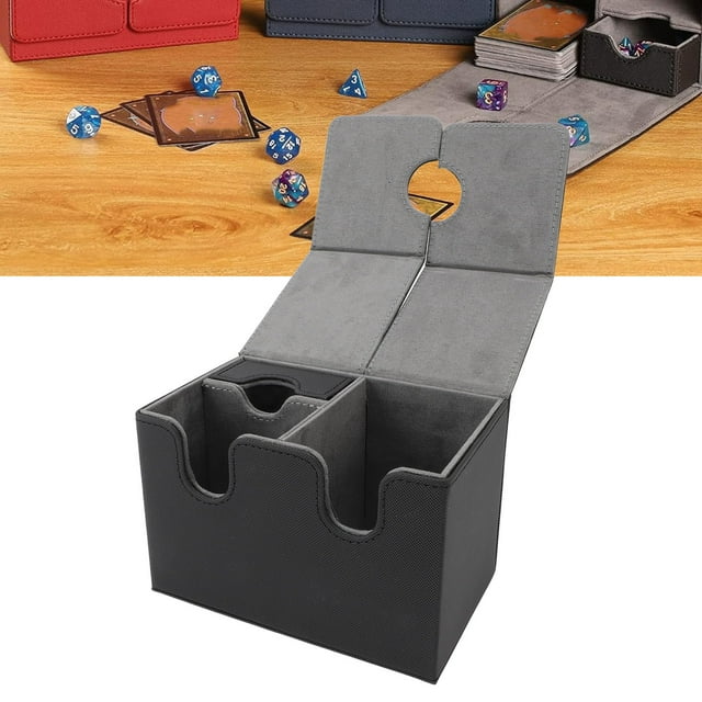 PU Leather Card Storage Organizer, Expansive Card Capacity Water Proof Magnetic Card Deck Box with Tray for Trading CardsBlack Gray 200 Cards