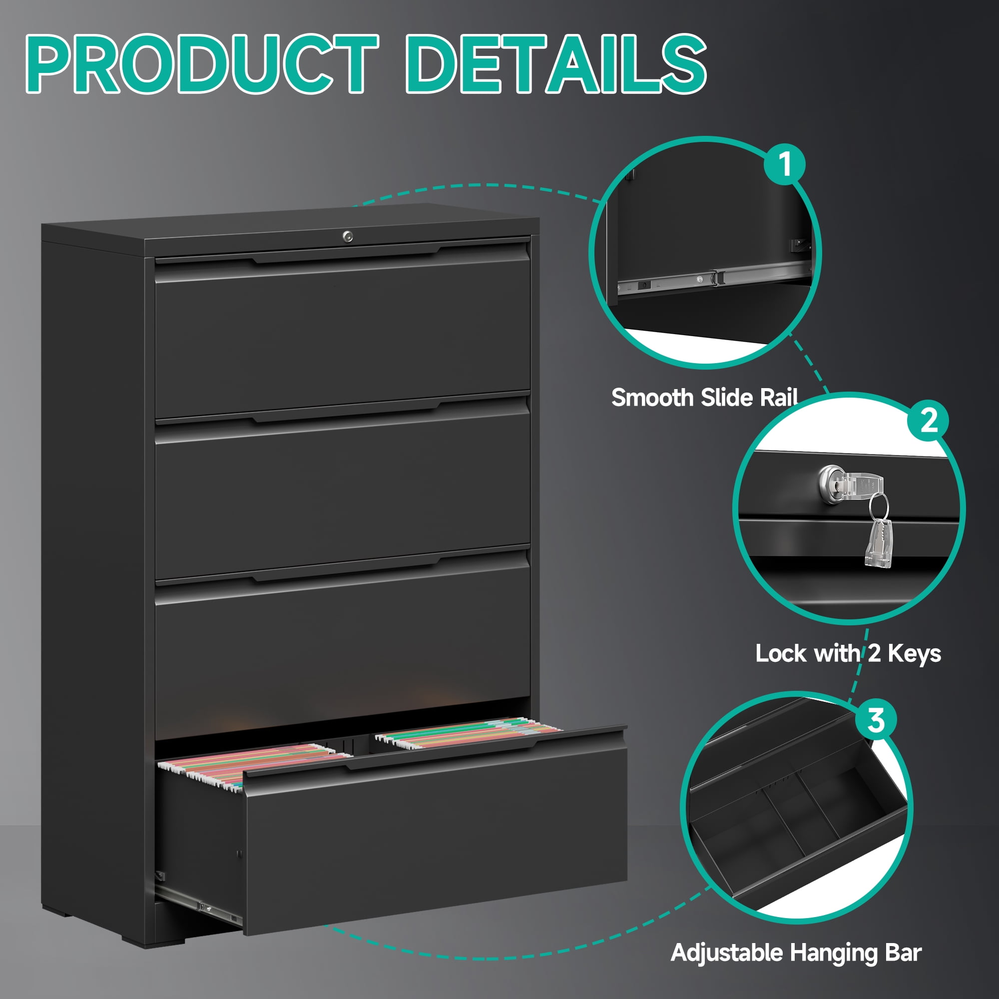 4 Drawer Lateral File Cabinet, Metal Lateral File Cabinet with Lock, Office Lateral Filing Storage Cabinet for Hanging Files Letter/Legal/F4/A4 Size, Easy Assemble Black