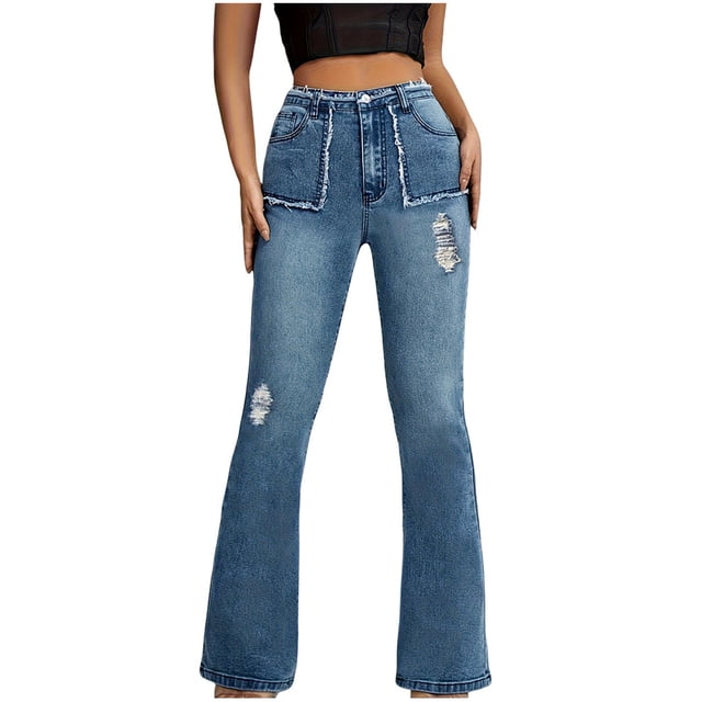 Yuyuzo Plus Size Flare Jeans for Women Mid Rise Ripped Bell Bottom Pants Wide Leg Stretchy Denim Pants