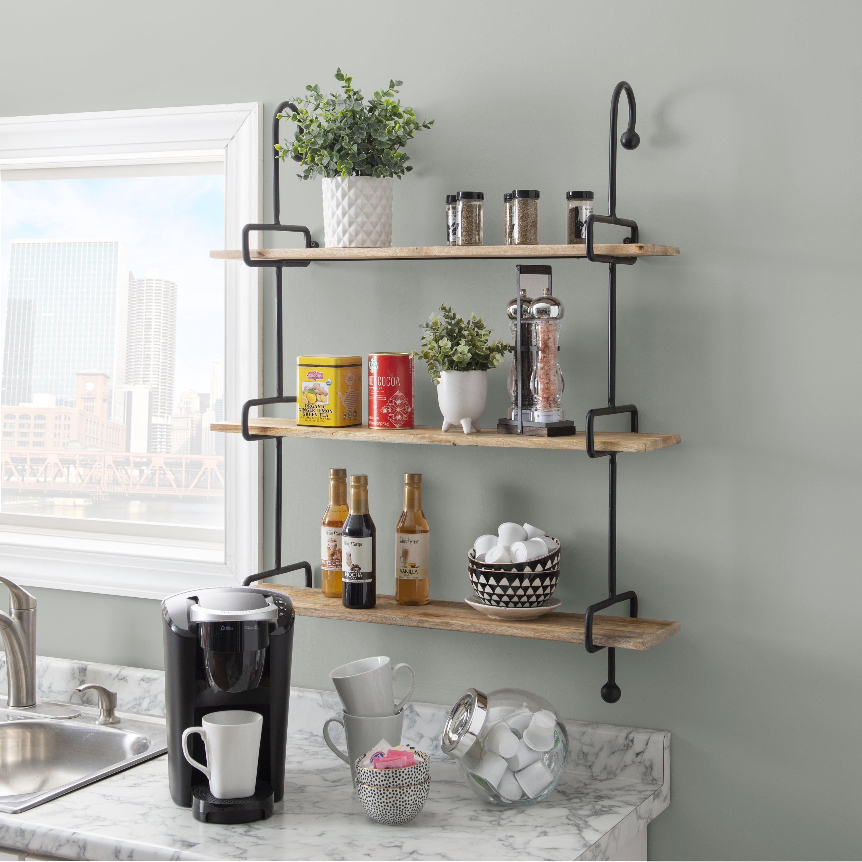 Wrenn 3-Tier Wall Shelves, Black Metal with Natural Mango Wood