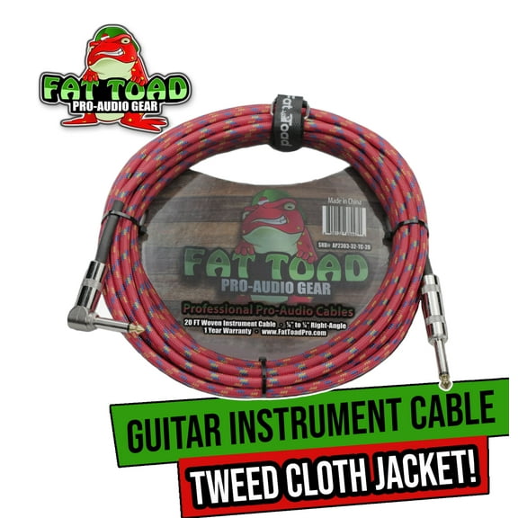 Fat Toad Guitar Cord - Right Angle to Straight-End Instrument Cable Tweed Cloth Jacket - Braided Woven 20 FT 1/4 Inch Jack TS for Electric Guitar, Bass, Keyboards Shielded 20 AWG Patch Conductor