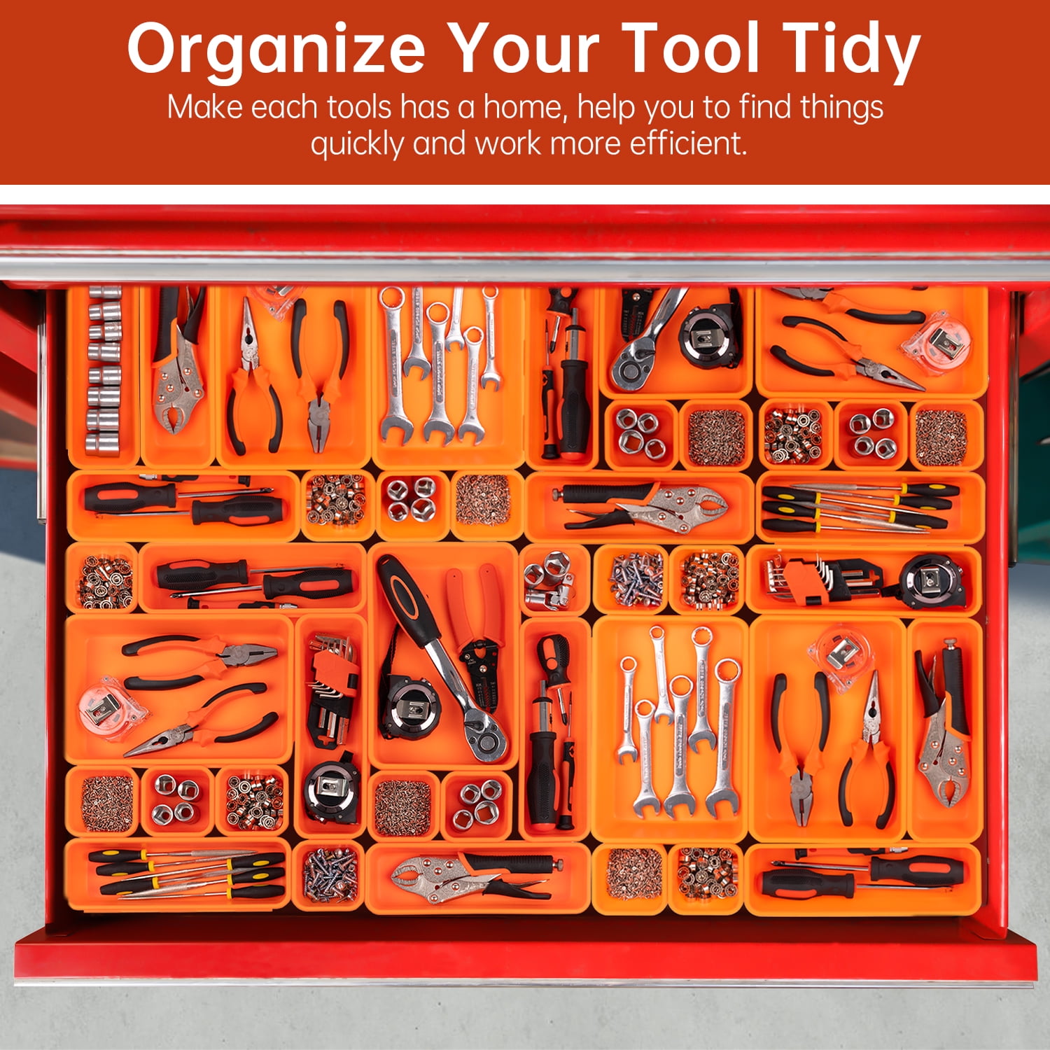 HAIDAIYA 45 Pack Drawer Organizer Trays Set, 3 Sizes Plastic Divider Storage Bins for Desk, Makeup, Tool Box, Jewelry (Orange)