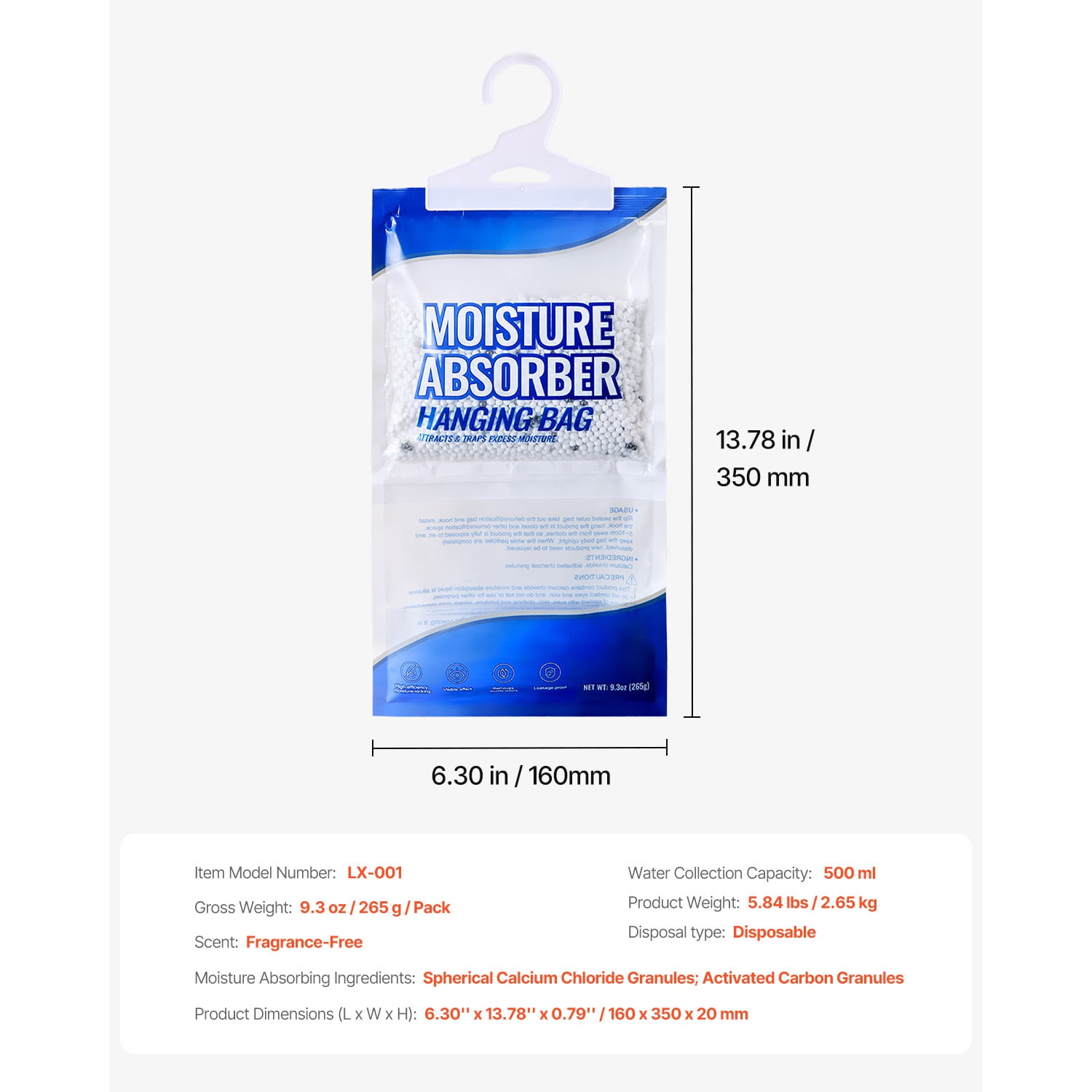KFFKFF Closet Dehumidifier, 9.3 oz Moisture Absorbing Hanging Bags(10 Packs), Scentless Moisture Removers for Bedrooms, Bathrooms, and Wardrobes