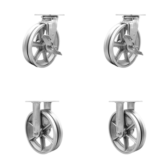 8 Inch V Groove Semi Steel Caster Set with Ball Bearings 2 Brakes 2 Rigid SCC