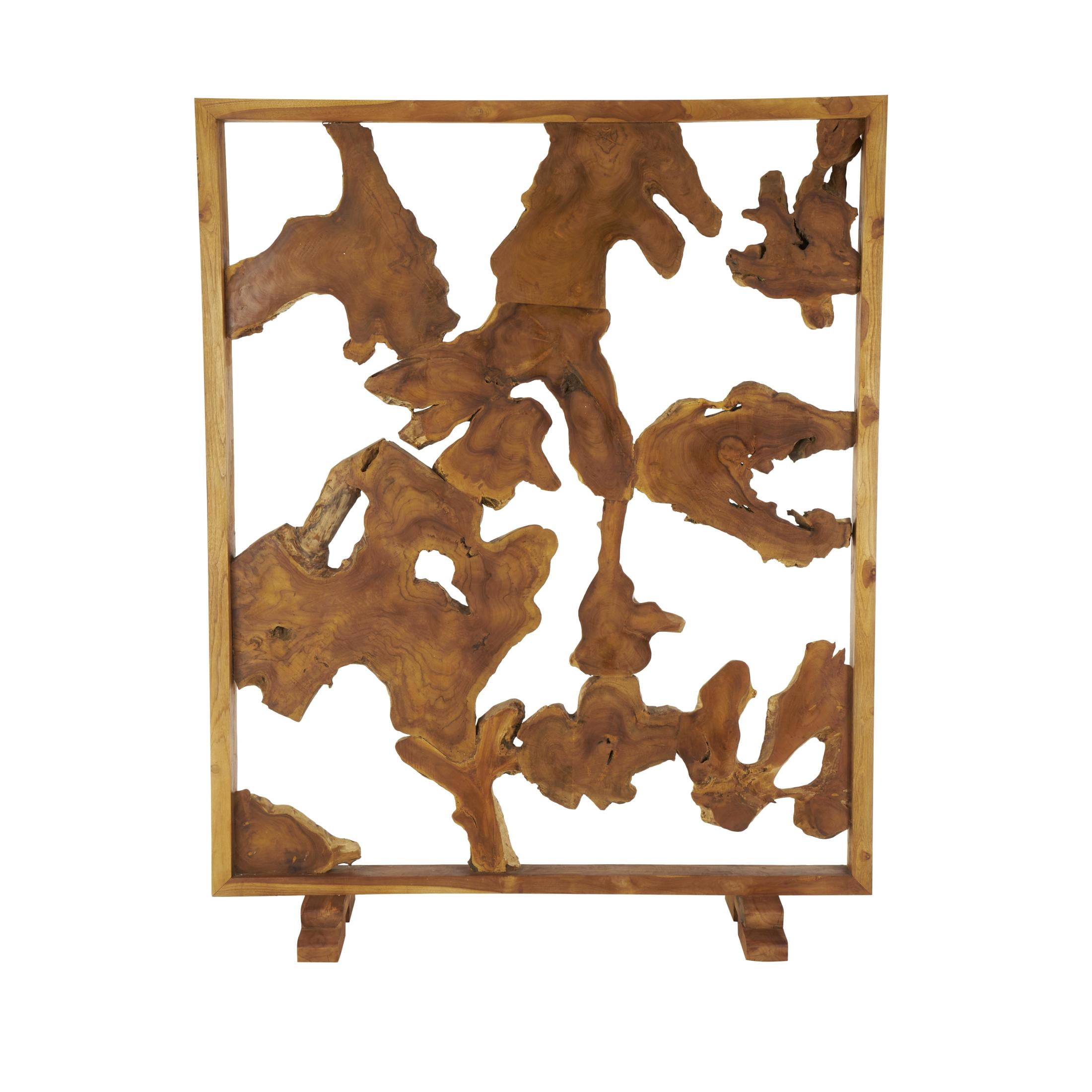 DecMode 63" x 82" Brown Teak Wood Handmade Tall Live Edge Freestanding Room Divider Screen with Large Tree Trunk Pieces, 1-Piece