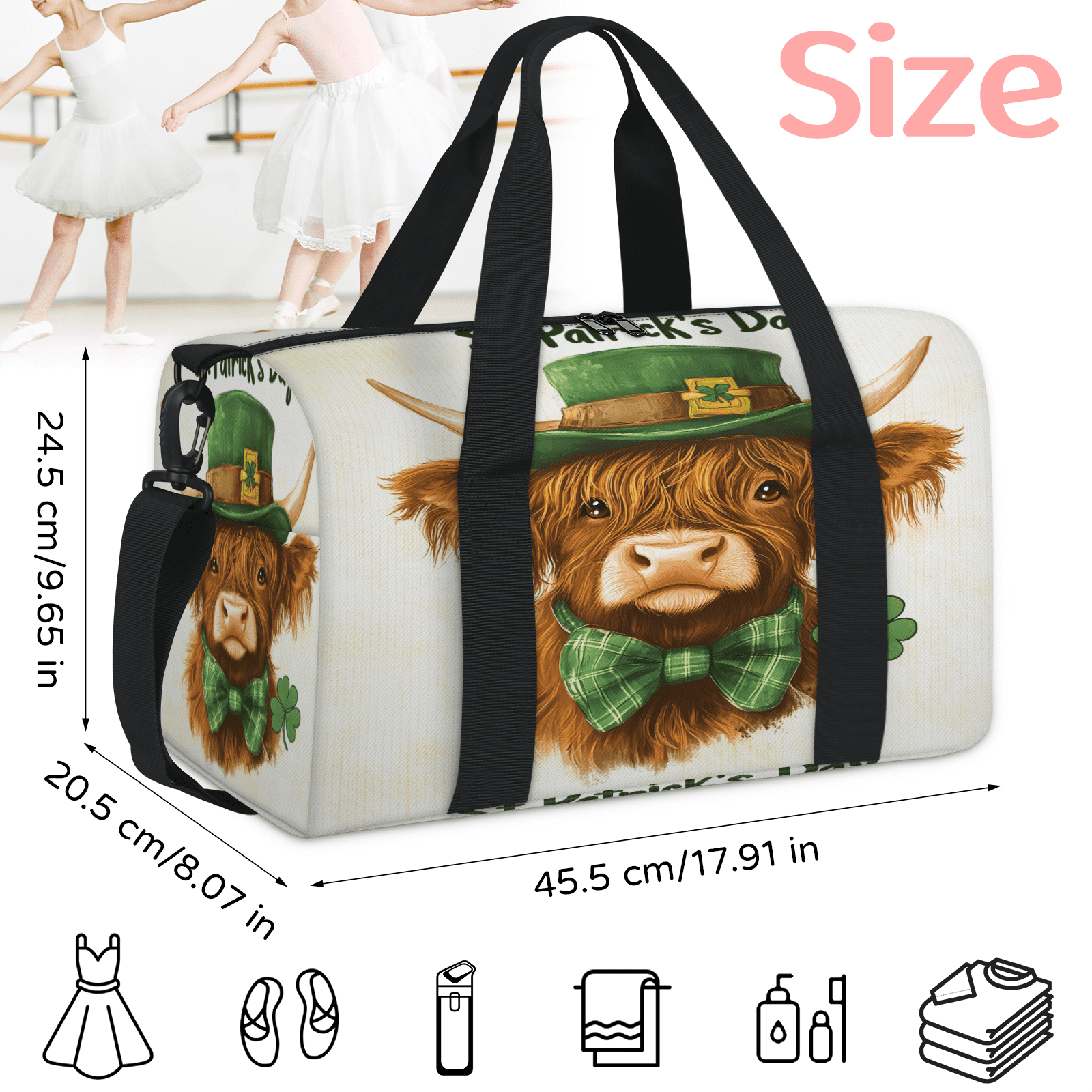 Herdesigns Highland Cow St. Patrick's Day Gym Bag for Women, Duffle Bag for Travel Sport, Lightweight Waterproof Carry on Weekender Overnight Dance Yoga Workout Bags