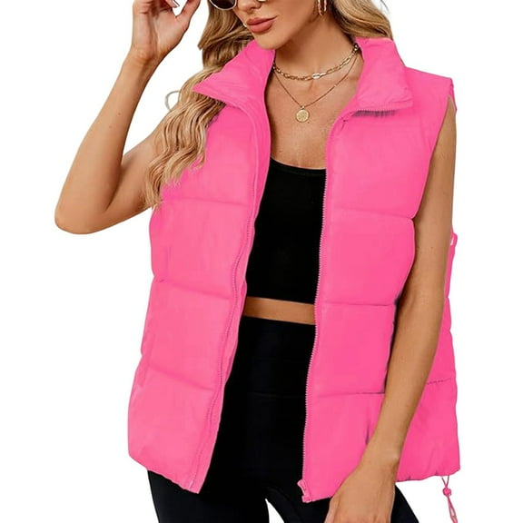 Puffer Vest for Female'S Outerwear Vests Puffy Oversized Quilted Vest Tops Jackets Coat with Pockets Rose Red XL