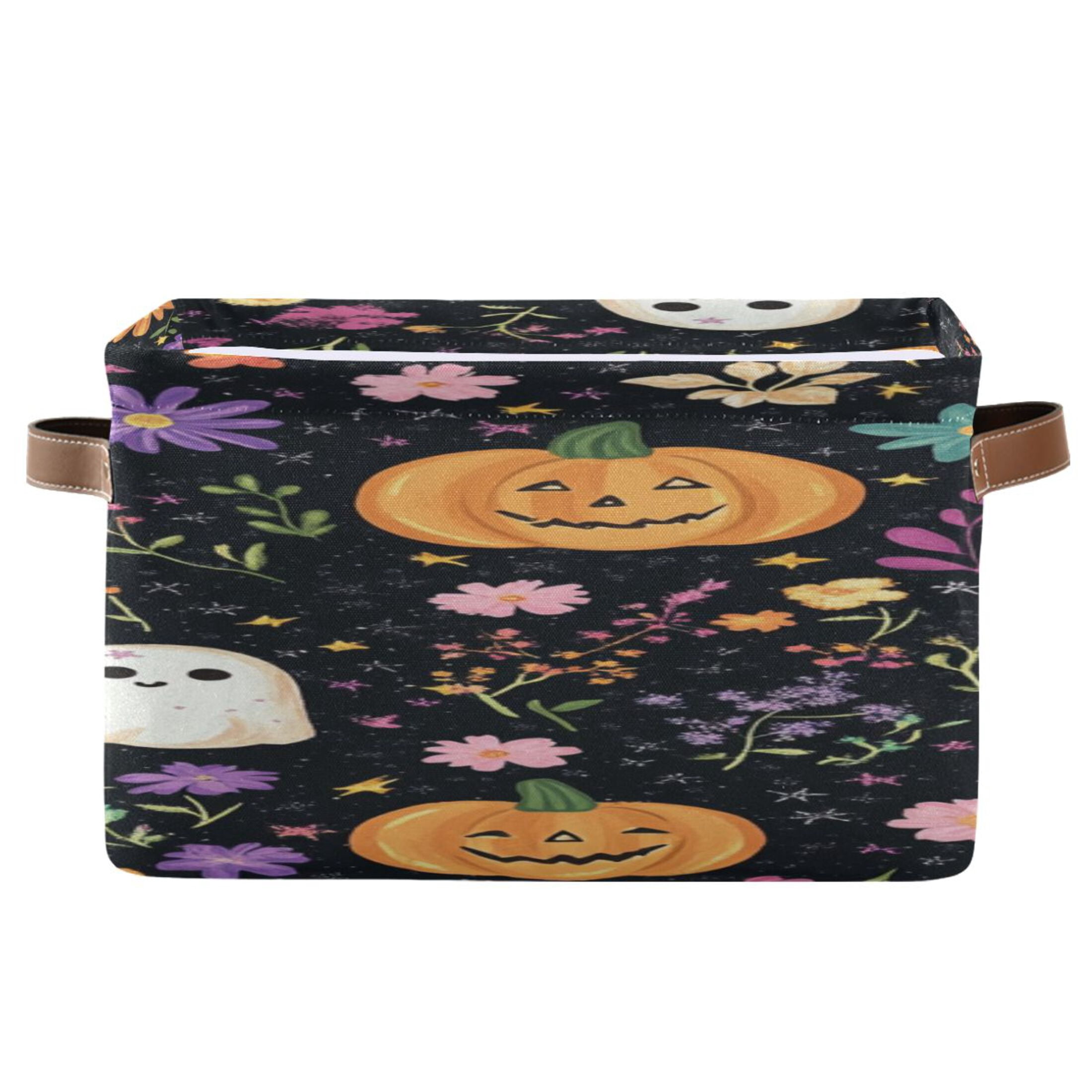 Halloween Specters Pumpkins Flowers Crayon Painting Square Storage Bins with Handles Collapsible Containing Box 2 Packs