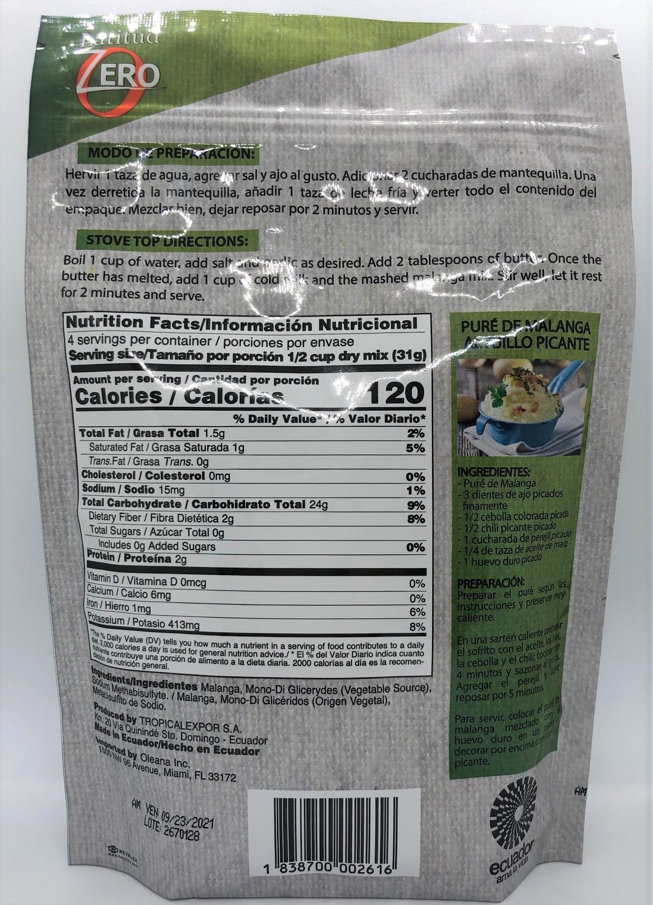 (2 pack) Latitud Zero Dried Mashed Malanga Mix, 4.4 oz