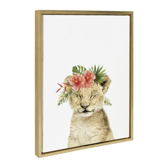 Kate and Laurel Sylvie Flower Crown Lion Cub Framed Canvas Wall Art by Amy Peterson Art Studio, 18x24 Bright Gold, Cute Animal Art for Wall Decor