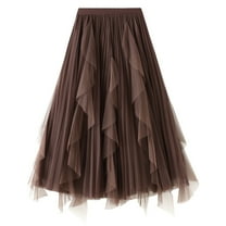 SWSMCLT Women's Tulle Skirt Long Vintage Pleated Skirt Ruffle High Waist Flowy Coffee One Size