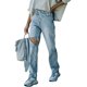 thumbnail image 1 of Estrela Pantalones de mujer Pantalones elásticos de pierna larga Pantalones rectos con botones cruzados Pantalones azul claro Agujero M, 1 of 6