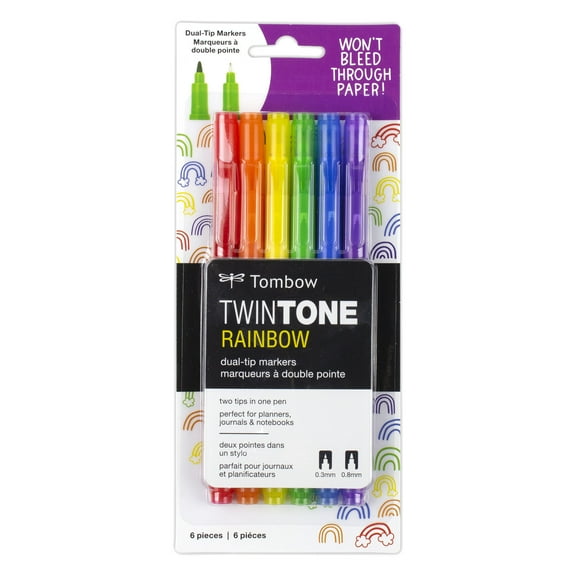 Tombow TwinTone Dual-Tip Marker Pen Set, Broad & Extra-Fine Tips, Rainbow Color Palette, 6 Count