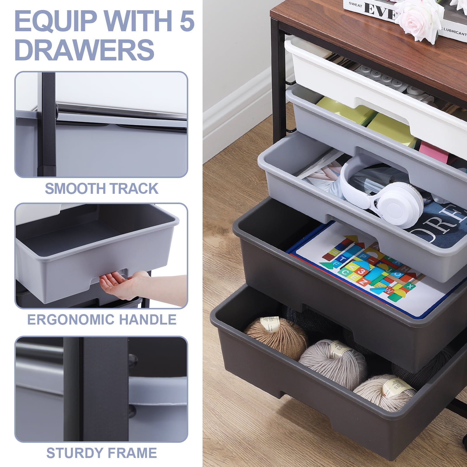 KK KINGRACK Rolling Cart with 5 Drawers, Storage Drawer Cart with Wooden Tabletop, Metal & Plastic, Gray