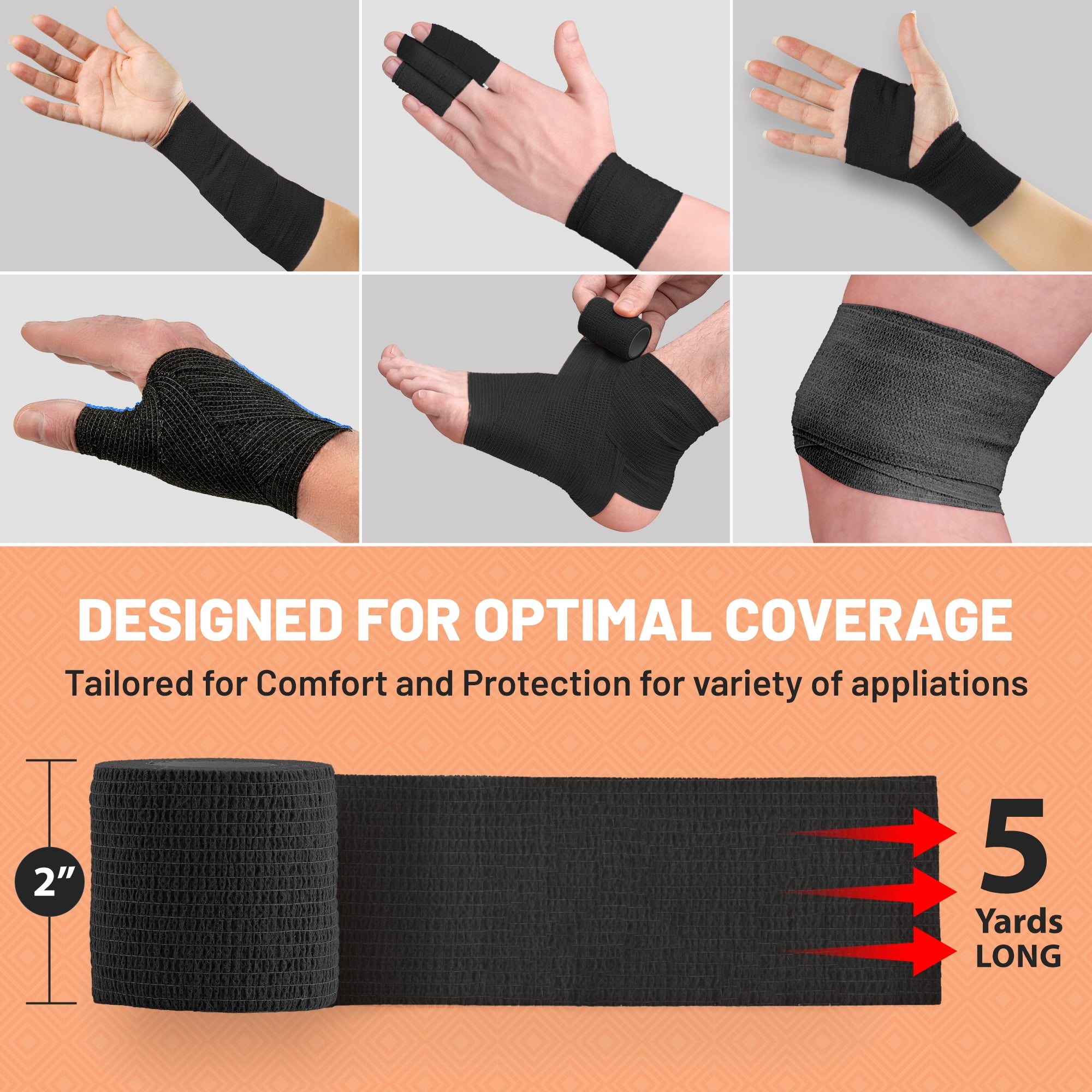 MEDca Self-Adhesive Cohesive Sports Bandage, 2" x 5 Yards, Black, 12 Pack